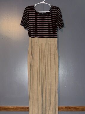 Striped Black & Pink Bodice with Tan Wide-Leg Jumpsuit